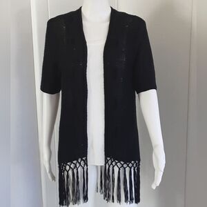 RED Black Stretchy Open Front Short Sleeve Cardigan Fringed Hem Sz L